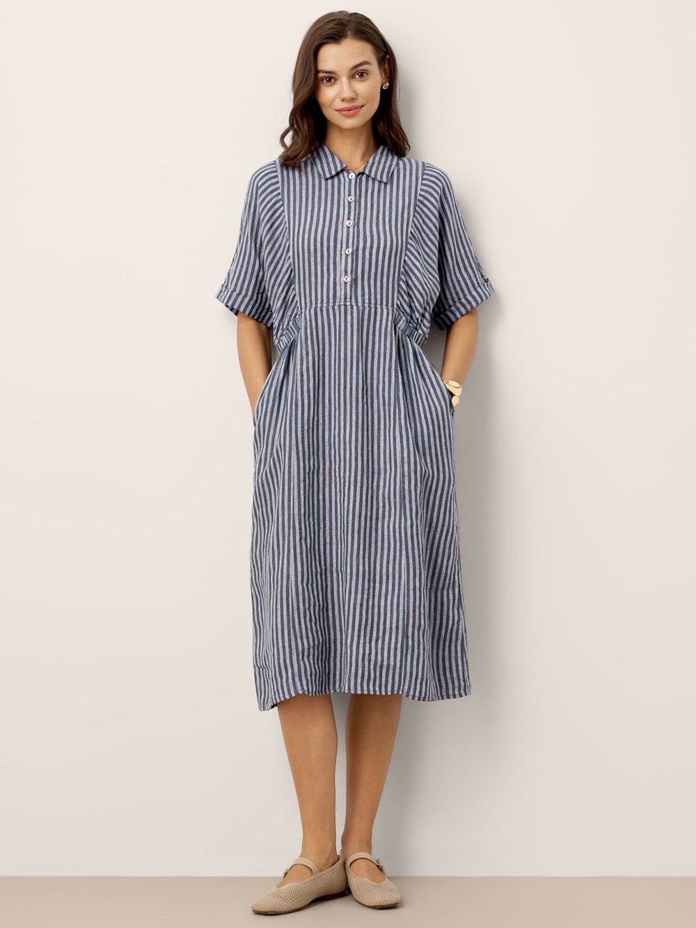 Lintico 100% Linen Striped Buttoned Front ShortSleeve Midi Shirt Dress CASSANDRA